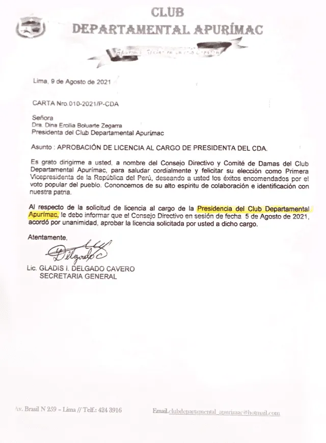 Documento de CDA a Dina Boluarte
