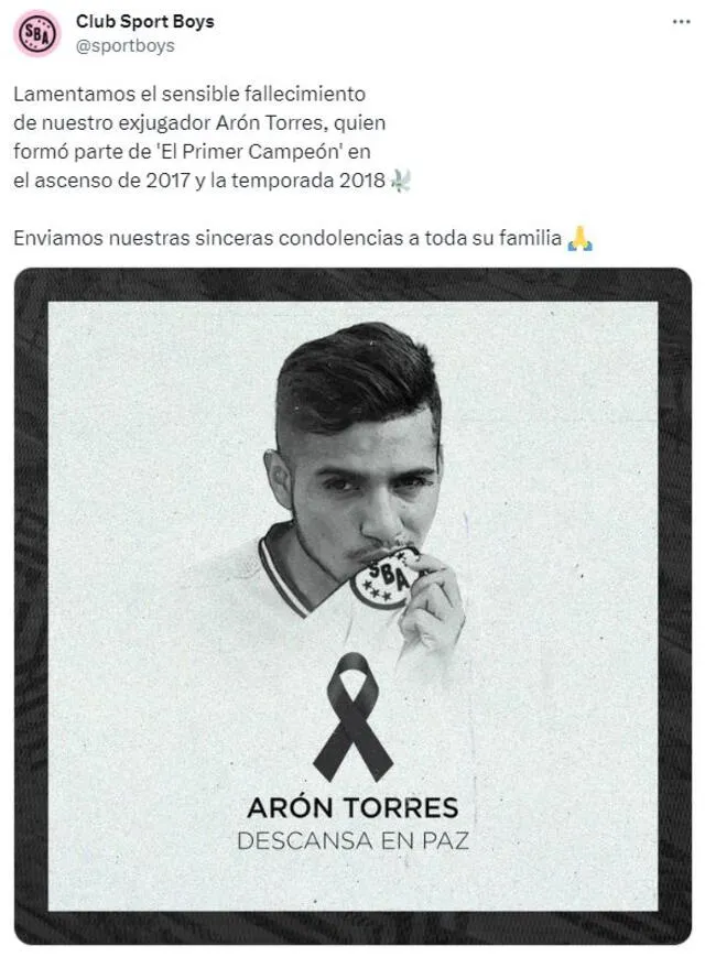 Publicación de Sport Boys ante el deceso de Arón Torres. Foto: captura Twitter/Club Sport Boys   