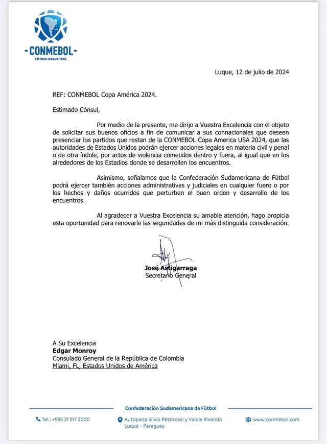 Carta recibida por el cónsul de Colombia en Miami. Foto: Conmebol   