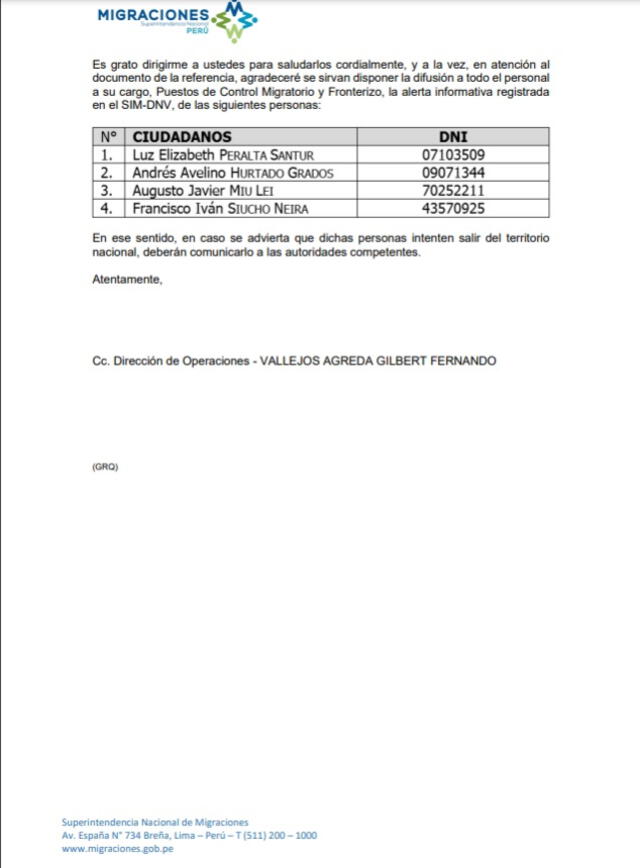 Alerta de Migraciones sobre posible salida de Andrés Hurtado. Foto: difusión   
