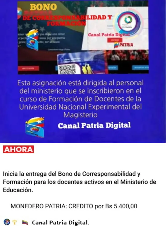 Anuncio del Bono de Corresponsabilidad y Formación de julio 2025 para docentes del MPPE