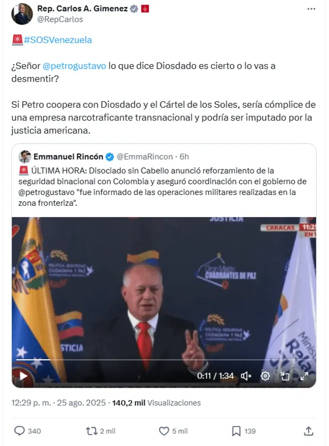 Carlos Gimenez lanza dura advertencia a Gustavo Petro. Foto: X. 