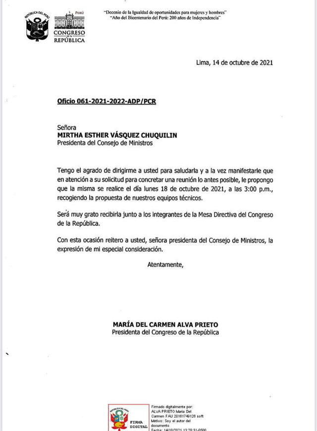 Oficio de María del Carmen Alva enviado a primera ministra Mirtha Vásquez.