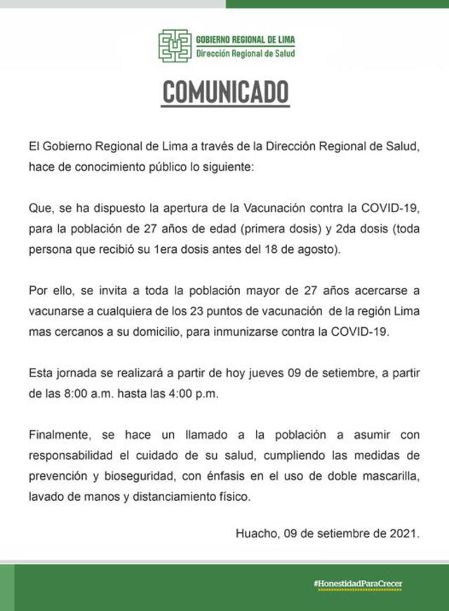 Comunicado de Lima Región. Foto: Facebook