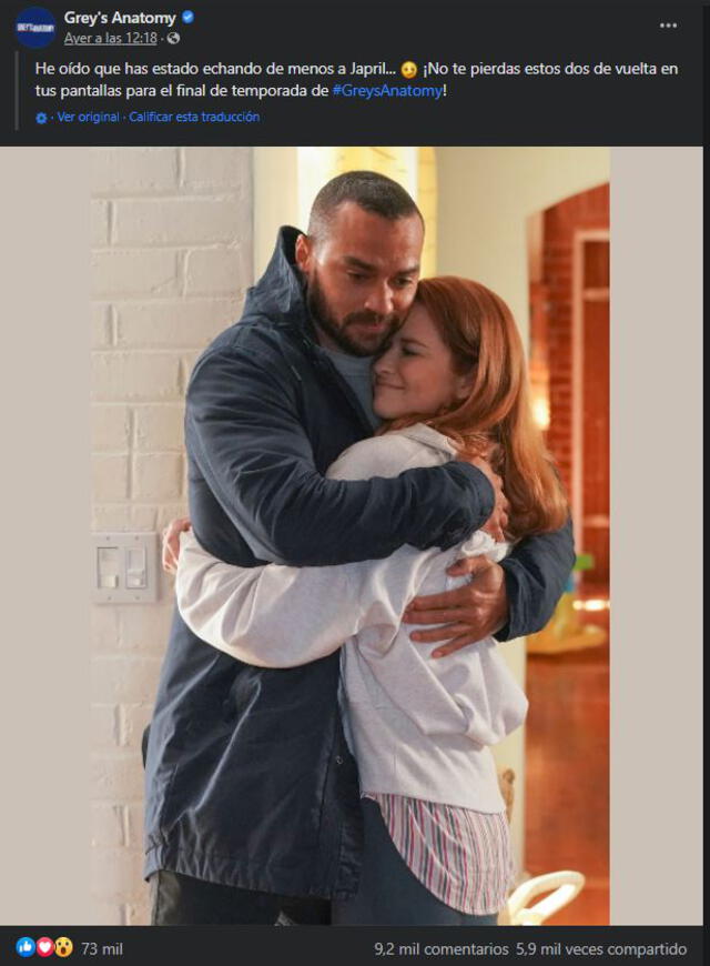 Jesse Williams y Sarah Drew han sido confirmados para la parte final de la temporada 18 de "Grey's anatomy". Foto: ABC