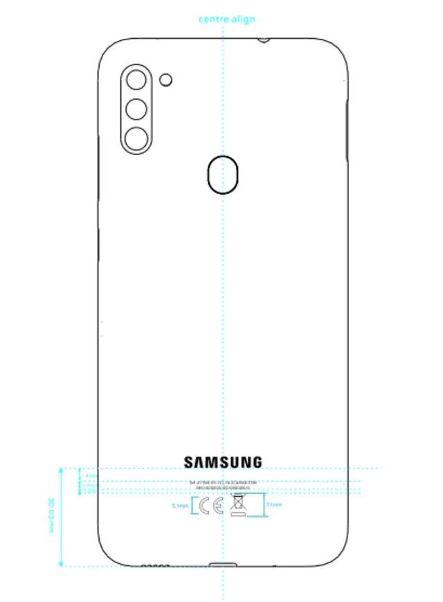 Diseño del Samsung Galaxy A11 presentado ante la Comisión Federal de Comunicaciones de los Estados Unidos.