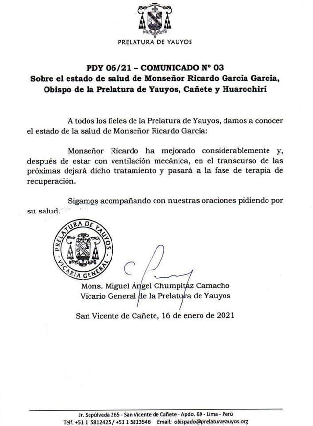Comunicado sobre estado de salud del Monseñor Ricardo García. Foto: Prelatura de Yauyos