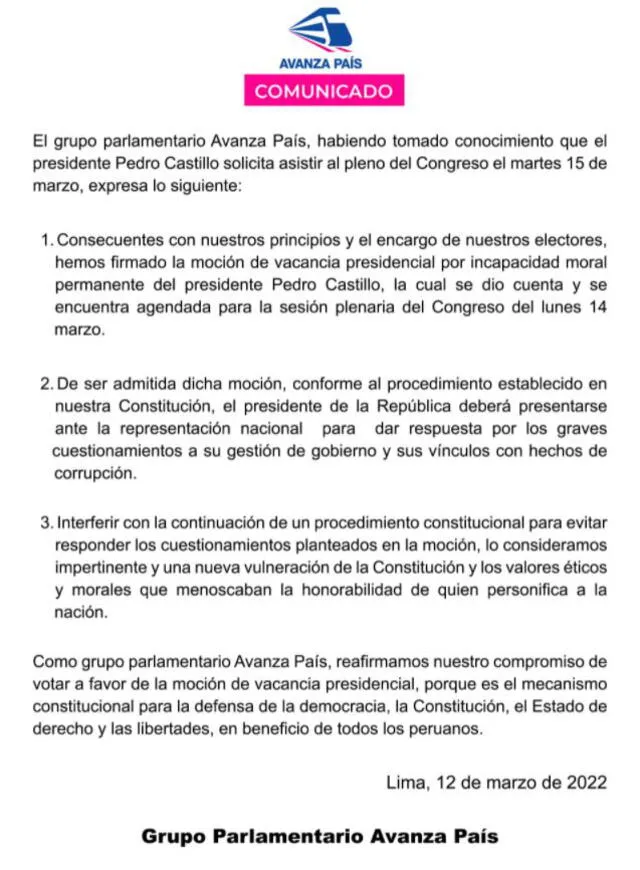 Comunicado de Avanza País sobre el pedido del presidente para asistir al Pleno del Congreso. Foto: Captura Twitter