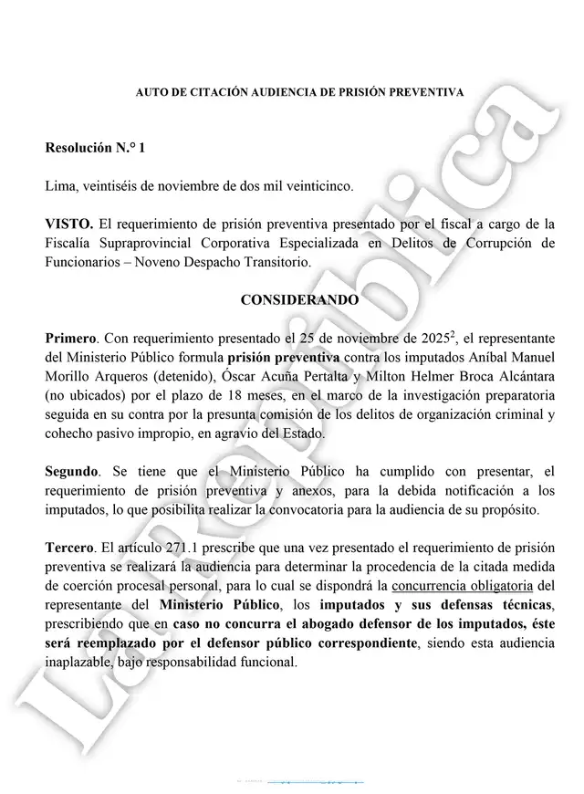  Solicitud de prisión preventiva contra Óscar Acuña por el caso Frigoinca   