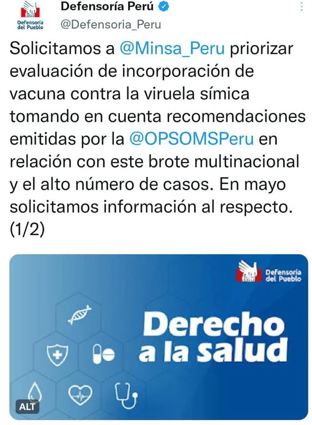 Viruela del mono: Defensoría del Pueblo se pronuncia sobre la vacunación contra la monkeypox. Foto: Twitter/Defensoría Perú