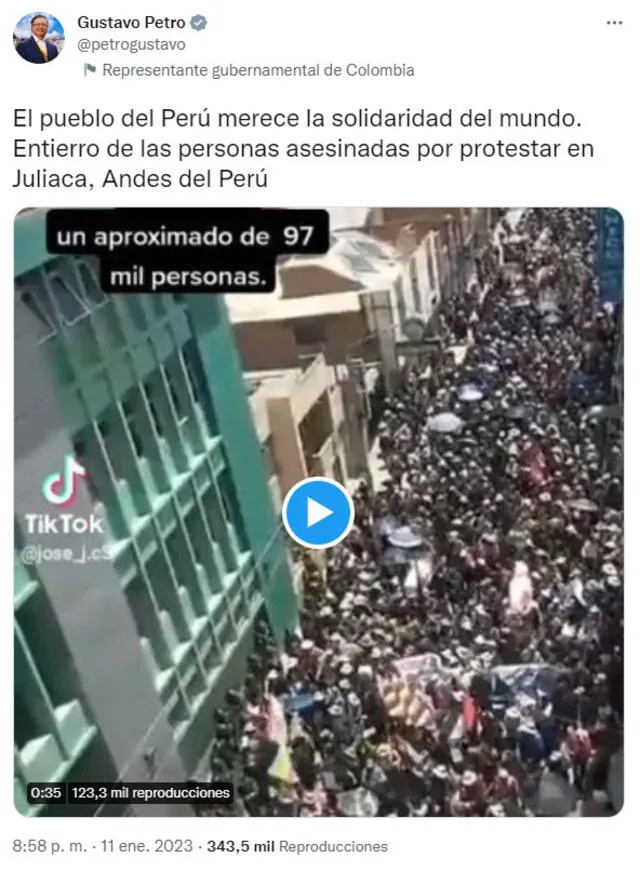 Gustavo Petro usó su cuenta de Twitter para manifestarse sobre las protestas en Perú. Foto: captura @petrogustavo/Twitter