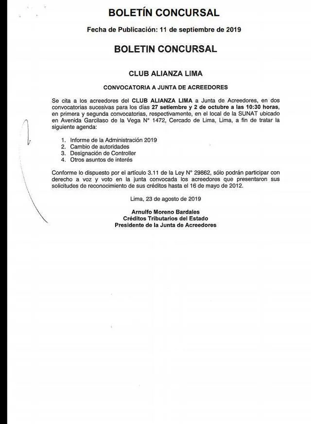 Junta de acreedores Alianza Lima