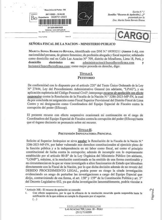 Abogado de Marita Barreto presenta documento. Foto: @lucioanolopez/'X'   
