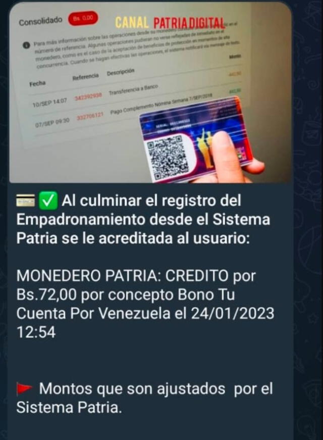 En 2023, el Bono Tú Cuentas por Venezuela llegó con el monto de 72 bolívares. Foto: Canal Patria Digital/Telegram