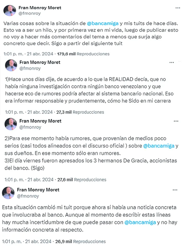 Información difundida por Fran Monroy Moret en su cuenta de X sobre caso de Bancamiga y PDVSA. Foto: Fran Monroy Morat/X   