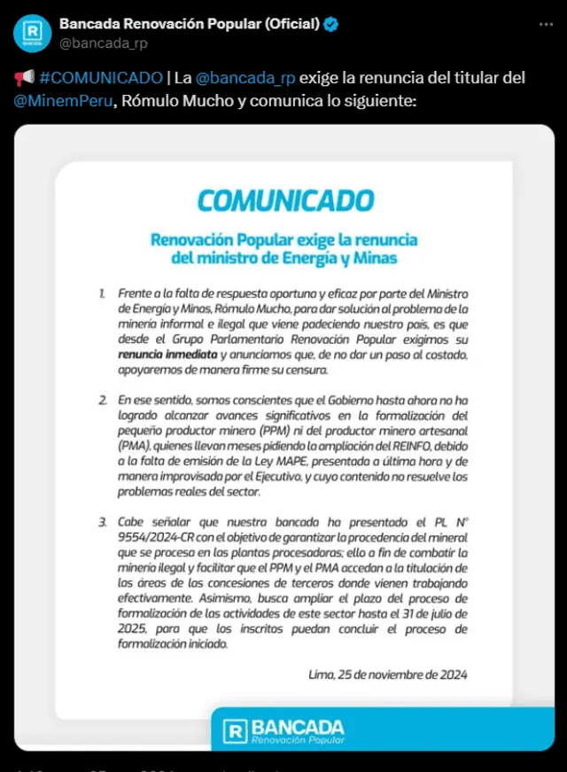  La bancada de Renovación Popular solicitó la renuncia inmediata del ministro de Energía y Minas, Rómulo Mucho. | Foto: Renovación Popular/X.   