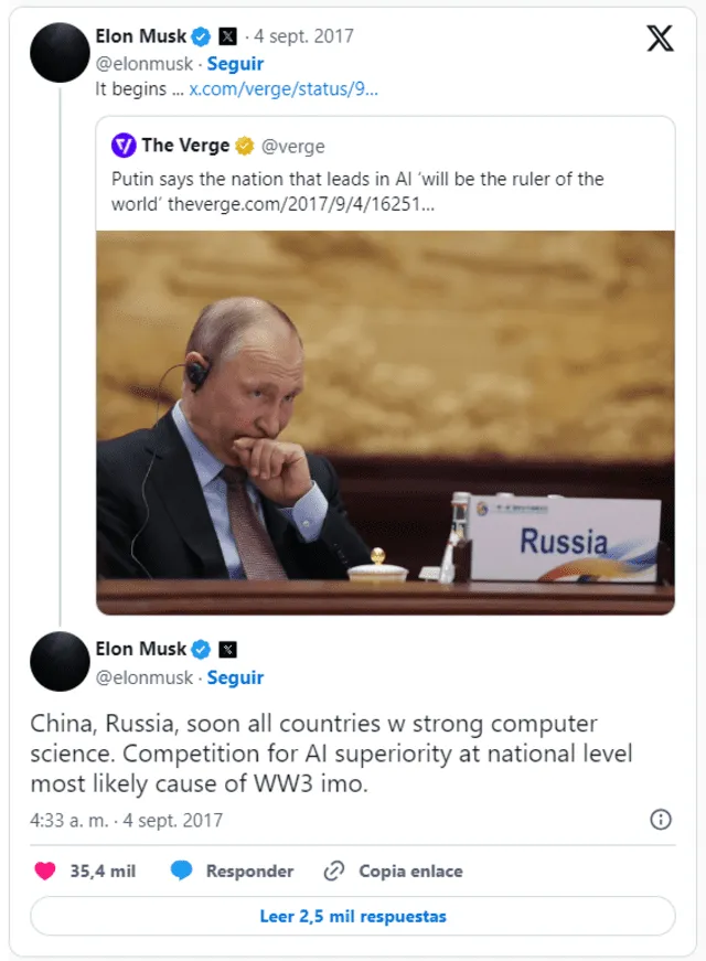 La inteligencia artificial genera preocupación en líderes tecnológicos y políticos. Elon Musk advierte que sin medidas urgentes, podría ser el origen de un devastador conflicto bélico. Foto: Captura