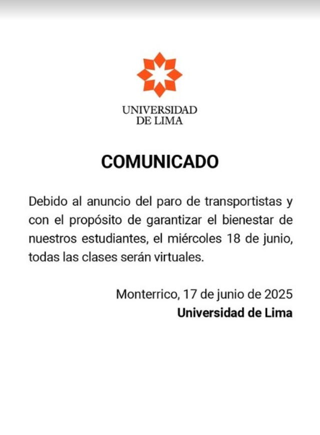 Comunicado de la Universidad de Lima. Foto: IG   