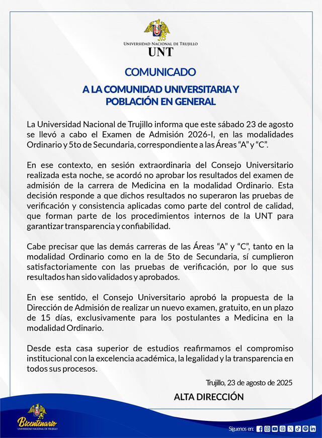 Comunicado de la Universidad Nacional de Trujillo sobre el examen de admisión del 23 de agosto Comunicado de la Universidad Nacional de Trujillo sobre el examen de admisión del 23 de agosto