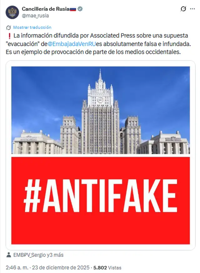  Pronunciamiento de la Cancillería rusa a la información difundida por AP. Foto: @mae_rusia/X<br>    