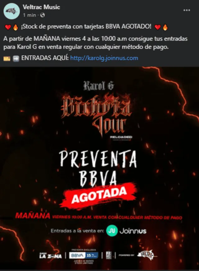 Confirman sold out de preventa de entradas a concierto de Karol G. Foto: Veltrac Music/Facebook