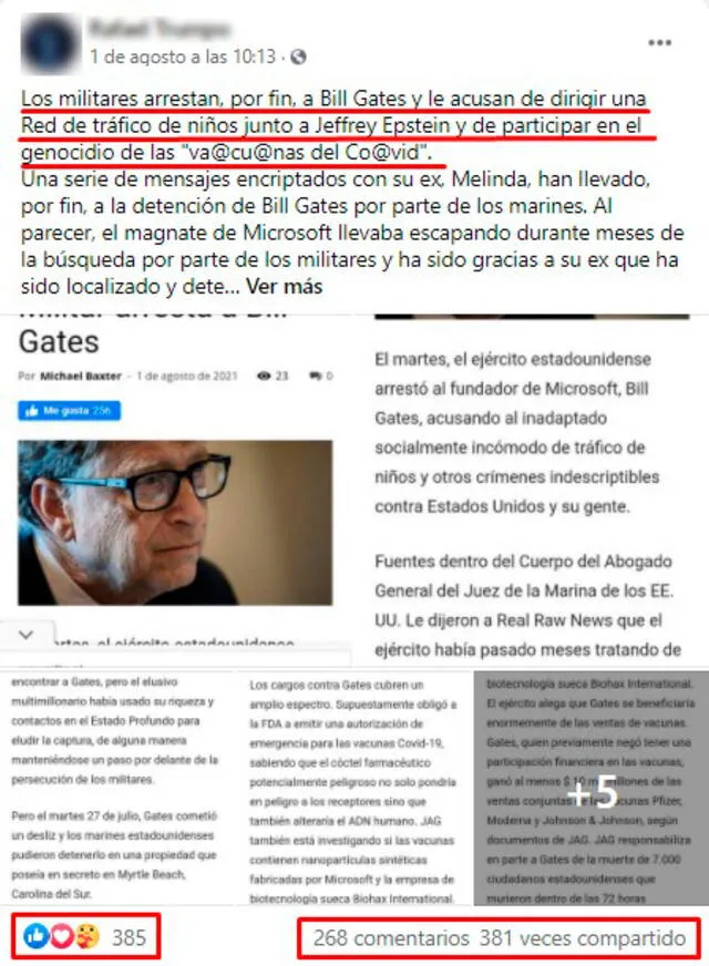 Publicación viralizada en Facebook que afirma que Bill Gates fue detenido por los militares. FOTO: Captura de Facebook.