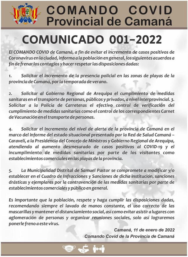 Arequipa: Comando COVID-19 de Camaná pedirá que provincia pase a nivel de alerta alto