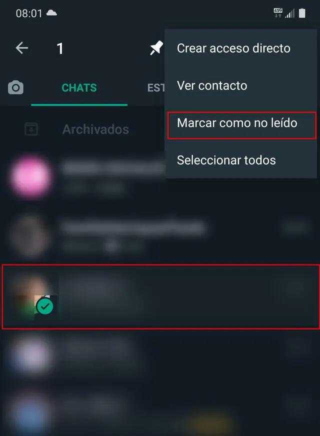 Marcar como 'no leído' en WhatsApp