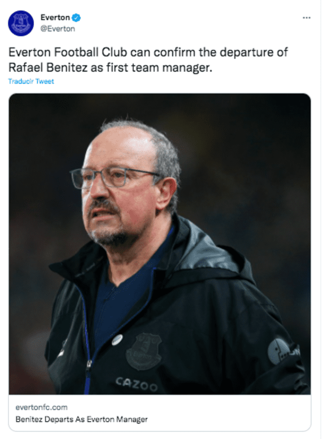 Anuncio del Everton sobre Rafa Benítez. Foto: Twitter Everton