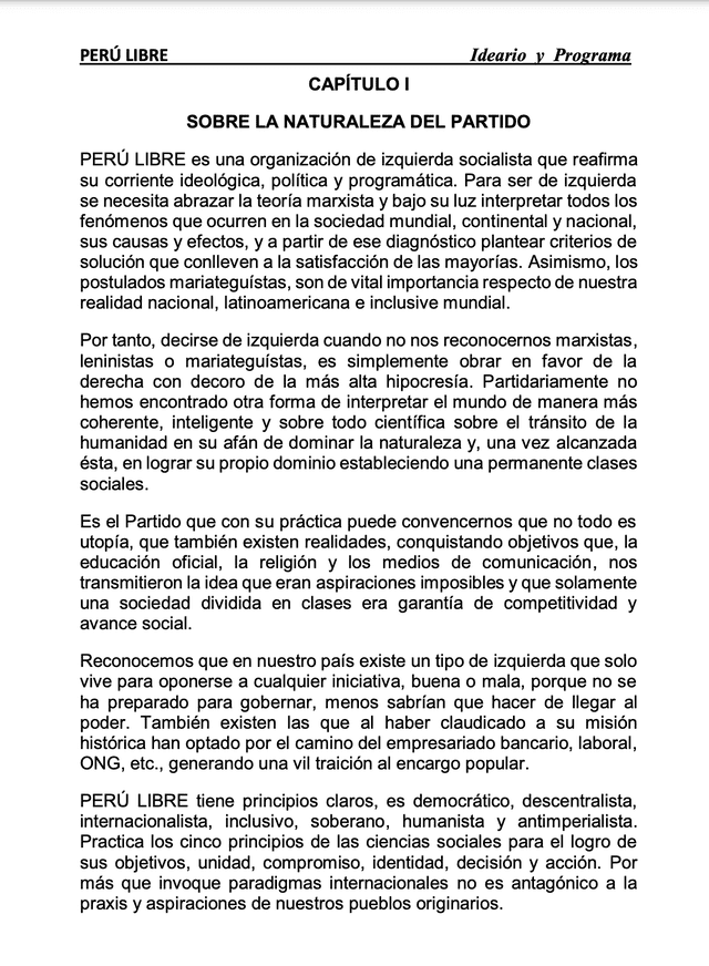 Capítulo 1. Foto: captura del documento  Ideario Perú Libre.