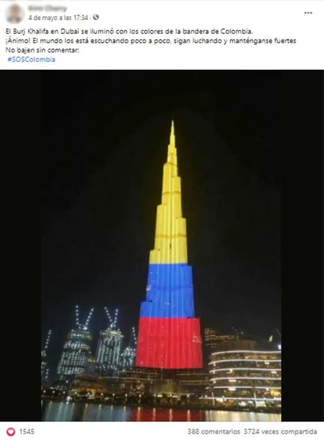 Viral desliza que el rascacielos Burj Khalifa se iluminó por las protestas en Colombia. Foto: captura en Facebook.