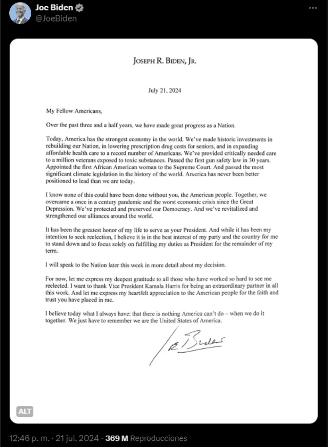  Carta de Joe Biden en el que pone fin a su campaña de reelección. Foto: @JoeBiden / X    