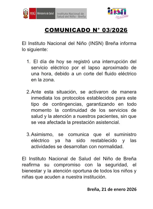  Comunicado del Instituto Nacional del Niño. Foto: Minsa.   