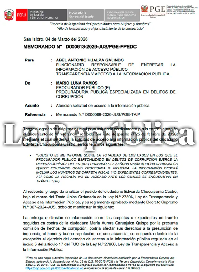Pedido de información por casos en los que la procuradora Caruajulca figura como investigada o procesada.