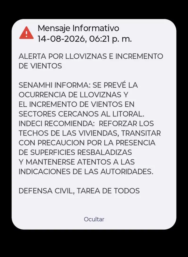 Senamhi advierte lluvias intensas y vientos en la costa