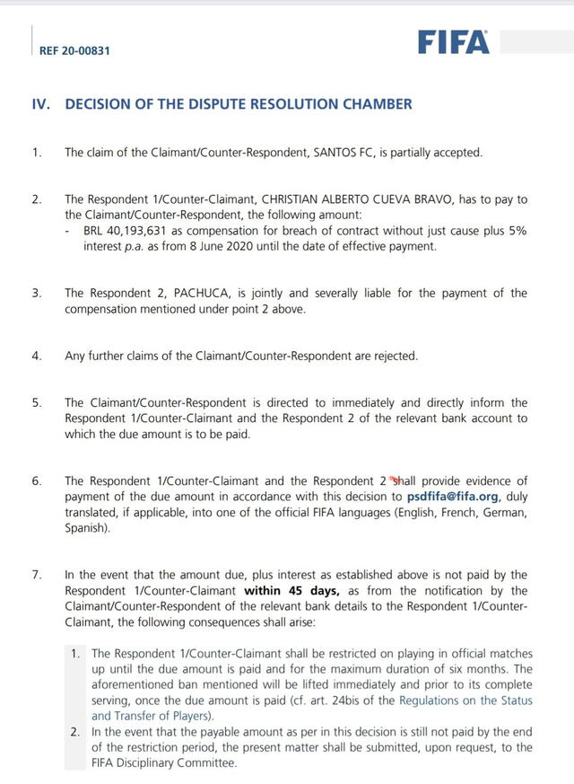 Resolución de la demanda que Santos entabló contra Christian Cueva y Pachuca. Foto: FIFA