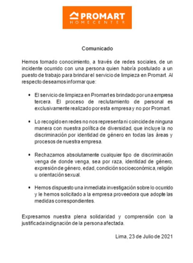 Comunicado de Promart