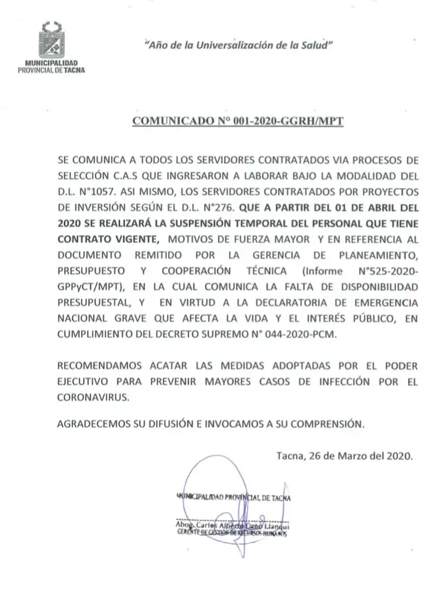 Comunicado  suspenden a trabajadores en municipio de Tacna por cuarentena