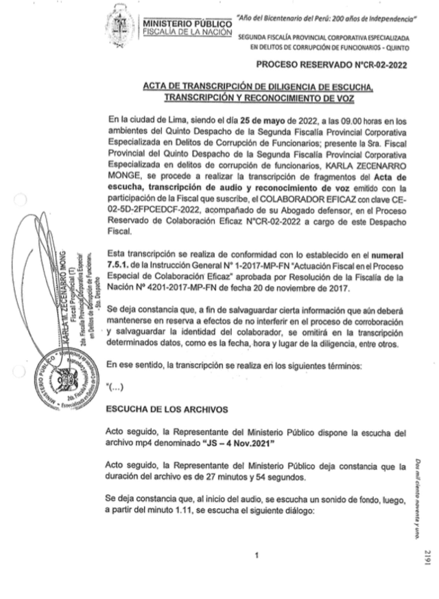 Acta de la transcripción y el reconocimiento de voz confirman que existe la grabación en el expediente de la fiscal Karla Zecenarro.