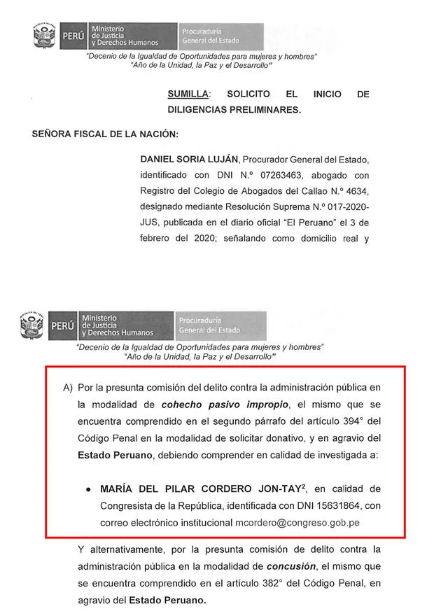 Denuncia. Procuraduría General del Estado formalizó denuncia contra la fujimorista María Cordero Jon Tay por cohecho pasivo impropia, es decir, un presunto delito de corrupción.   