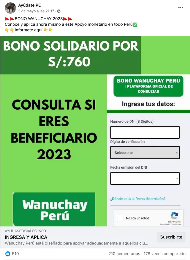 Publicación presenta información falsa sobre los bonos en Perú. Foto: captura de Facebook Publicación presenta información falsa sobre los bonos en Perú. Foto: captura de Facebook