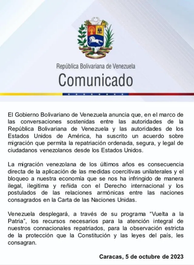 Comunicado del Gobierno de Venezuela sobre la deportación de venezolanos en Estados Unidos.      