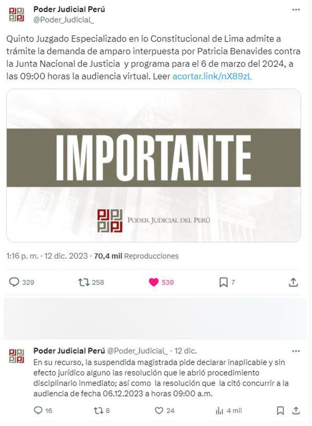  Comunicado sobre una demanda de amparo de Patricia Benavides. Foto: captura en Twitter / Poder Judicial.    