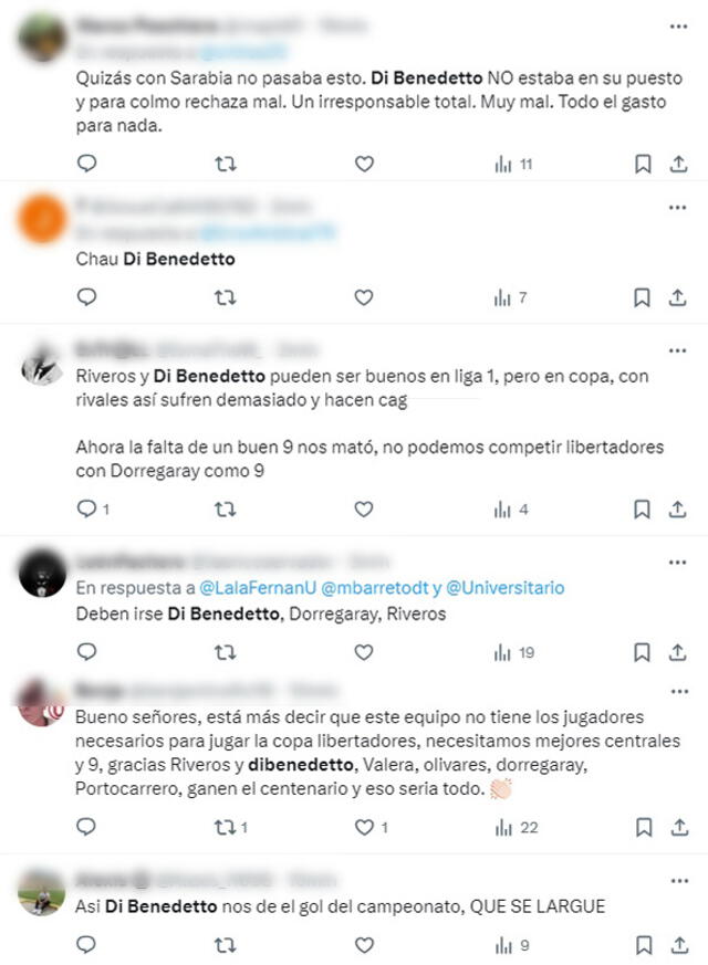 Comentarios de los hinchas de Universitario acerca de Matías Di Benedetto. Foto: captura de X   