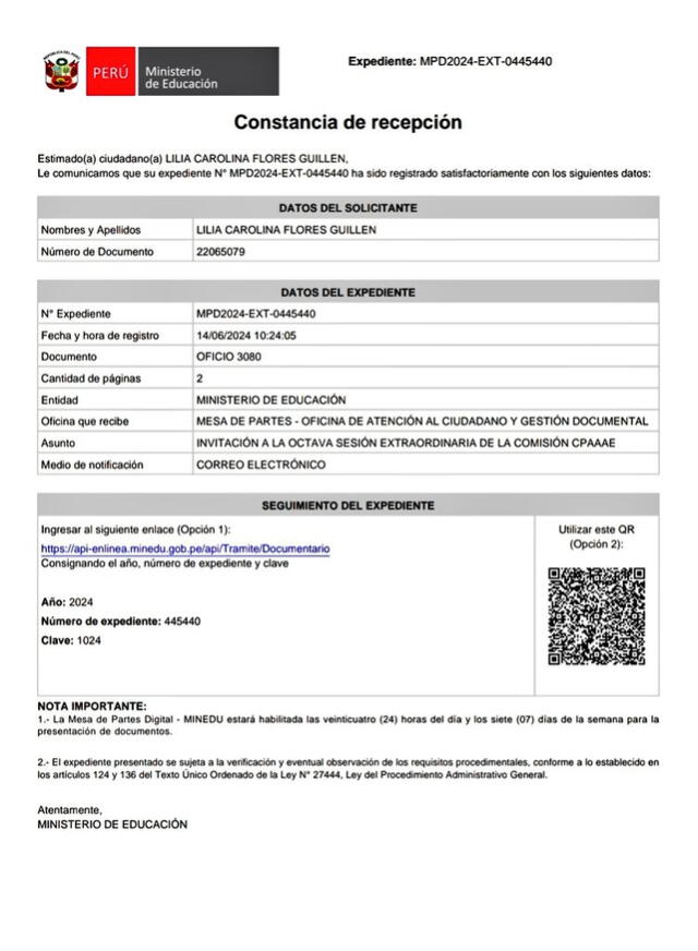 Congresista Luque adjunto la constancia de recepción del Minedu donde se le invita a Morgan Quero para que aclare la situación de los casos de abuso en Amazonas. Foto: Ruth Luque- X.   