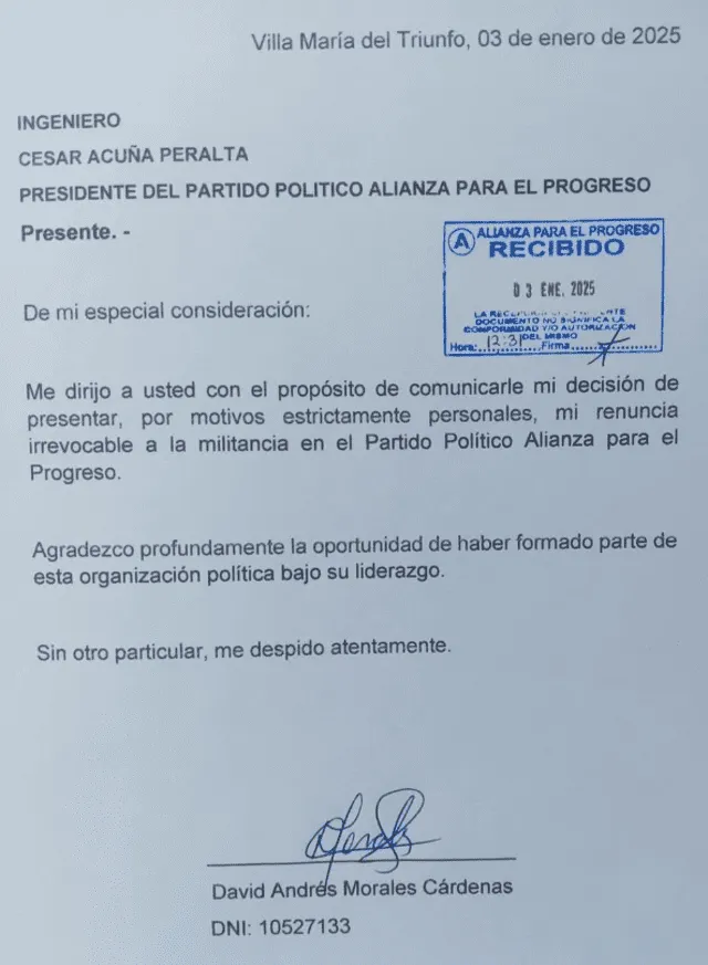  Carta de renuncia de David Morales a APP | Fuente: Difusión    