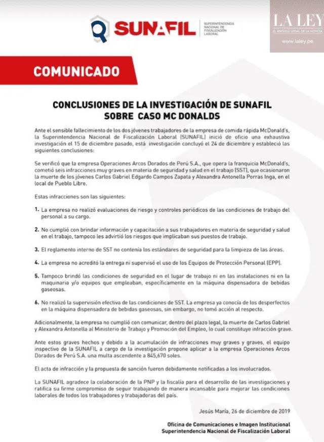 Multa de Sunafil a McDonald's. Foto: Sunafil. Multa de Sunafil a McDonald's. Foto: Sunafil.