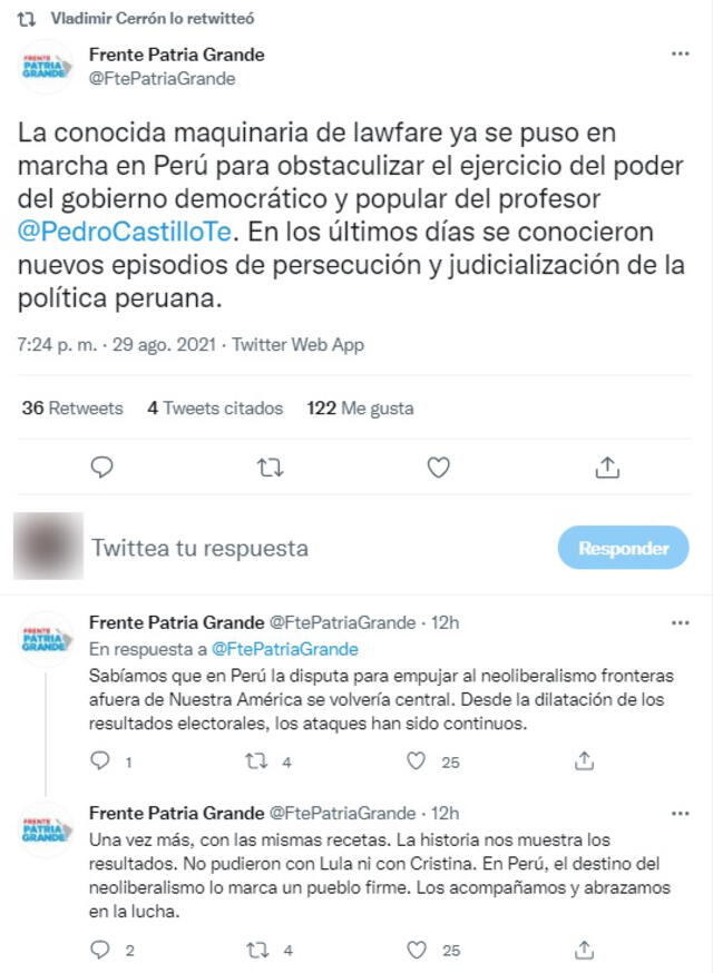 Desde la Argentina alertan sobre un supuesto 'lawfare' contra Pedro Castillo. Foto: @FtePatriaGrande/Twitter