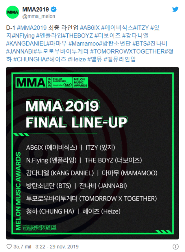 A través de la cuenta de Twitter de los MMA 2019 fueron confirmados todos los artistas que formarán parte de la sección musical.