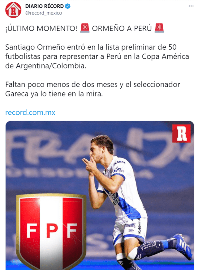 Diario Récord informó sobre la convocatoria de Santiago Ormeño a la selección peruana.